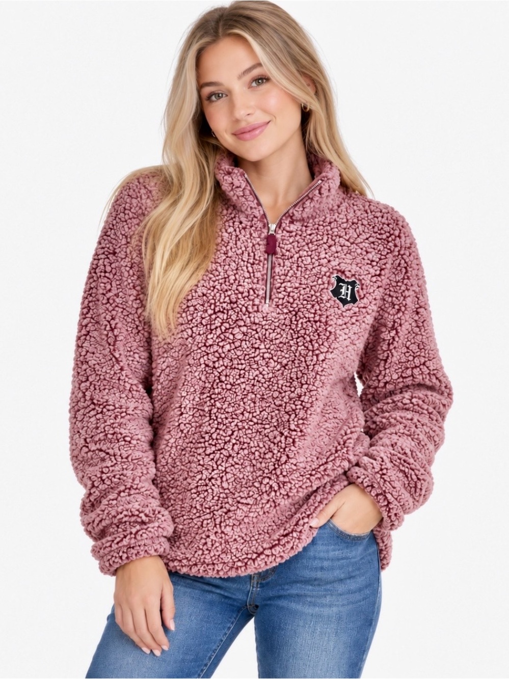 Harry Potter Dusty Rose Fuzzy Sherpa 1/4 Zip Mock Neck Pullover Sweater 16/18 JR